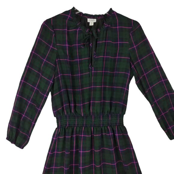 J CREW Dark Green Plaid Blouson Dress, Ruffle Tie Collar Puff Sleeve XS Academia - Picture 3 of 8